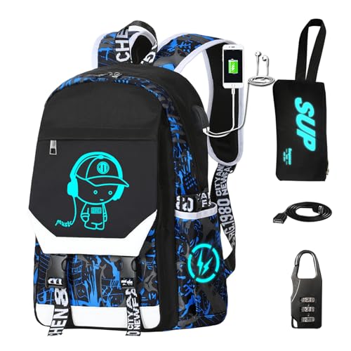 RM Family Luminous Boys Backpack with USB Charging Port and Anti-Theft Lock – Waterproof School Bag for Students with Pencil Case