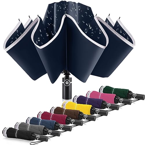 A large blue windproof inverted umbrella with a reflective stripe, designed for safety and weather protection. Features a compact foldable design for easy carrying.