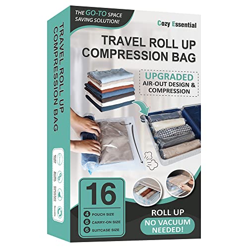 16-Pack Roll Up Compression Bags for Travel – Hand Roll Space Saver Bags in Large, Medium, and Small Sizes with No Vacuum Needed