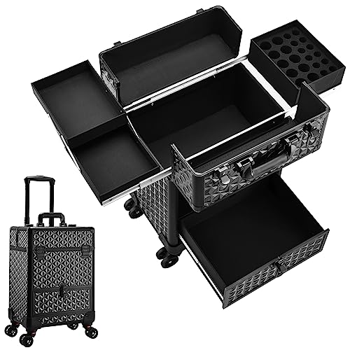 Costravio Rolling Makeup Train Case featuring large storage compartments, 360° swivel wheels, and durable waterproof design, ideal for professional use