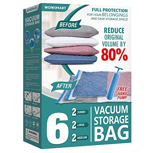 Set of 6 vacuum storage bags in various sizes with hand pump, ideal for compressing and protecting clothing, bedding, and other items.