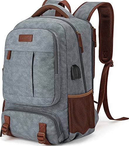 Canvas laptop backpack with USB charging port, headphone access, and large capacity for 15.6 inch laptops. 