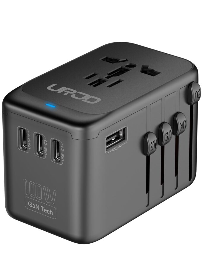 URJD 100W GaN Fast Charger and Universal Travel Adapter in black, featuring 4 USB-C ports, 1 USB-A port