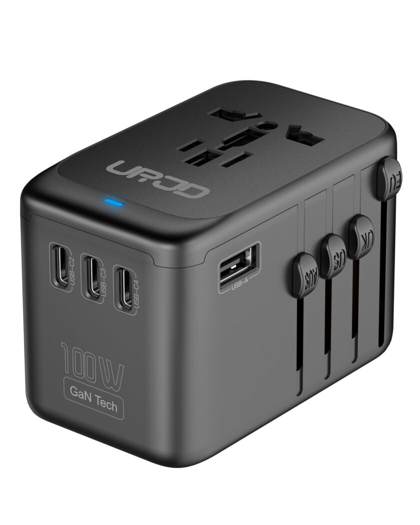 URJD 100W GaN Fast Charger and Universal Travel Adapter in black, featuring 4 USB-C ports, 1 USB-A port