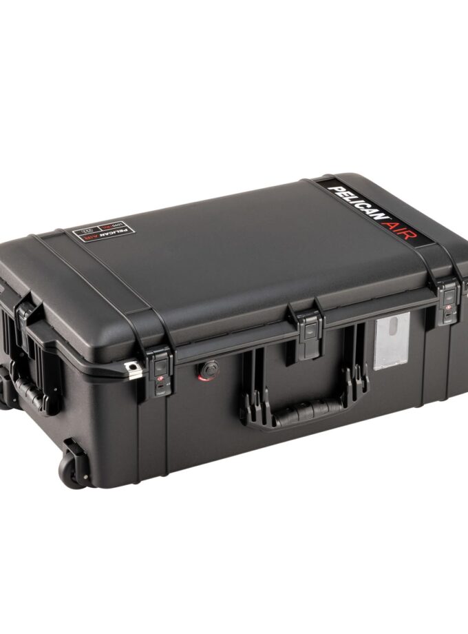 Pelican Air 1535 Travel Case in black, showcasing its hard shell design, wheels, and organizational features, perfect for carrying valuable equipment securely