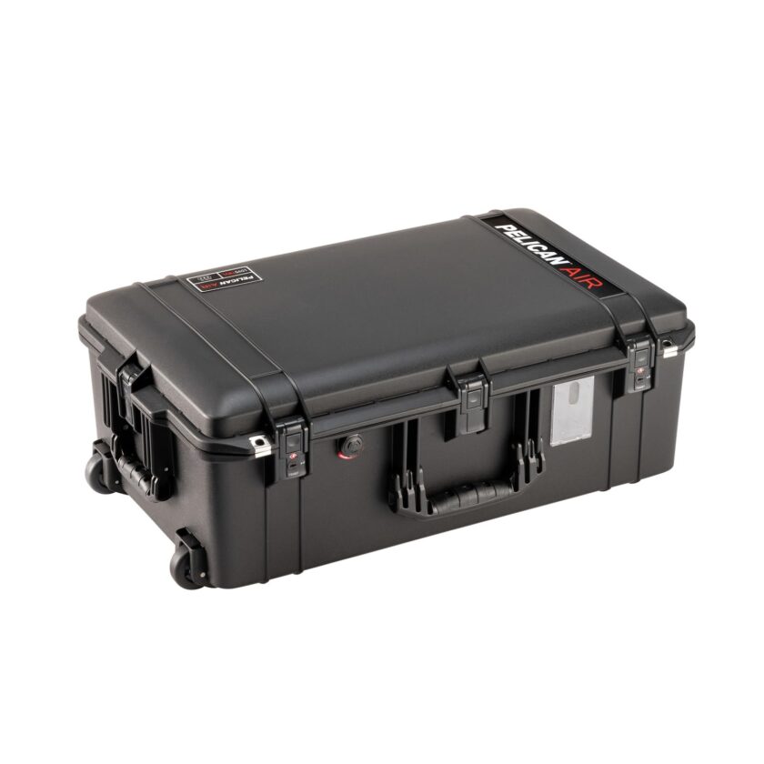 Pelican Air 1535 Travel Case in black, showcasing its hard shell design, wheels, and organizational features, perfect for carrying valuable equipment securely