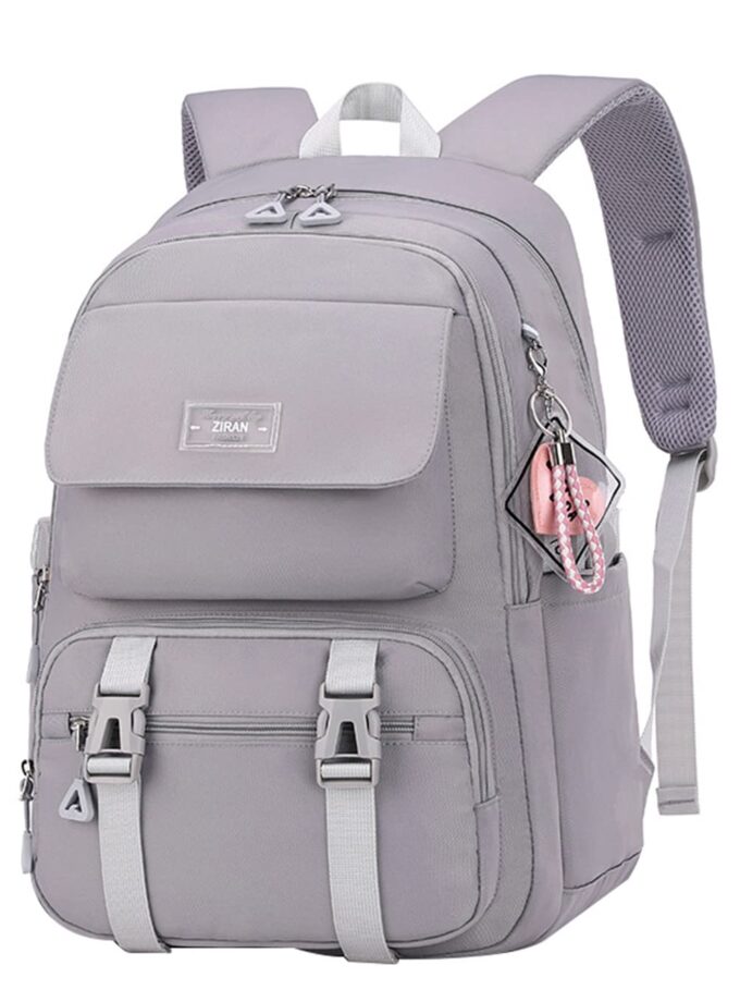 JiaYou Teen Girls Casual Backpack in grey, showcasing its spacious 26-liter design with multiple compartments