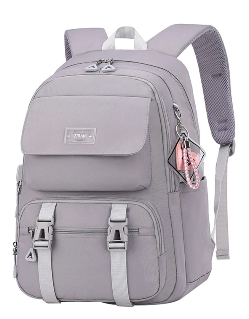 JiaYou Teen Girls Casual Backpack in grey, showcasing its spacious 26-liter design with multiple compartments