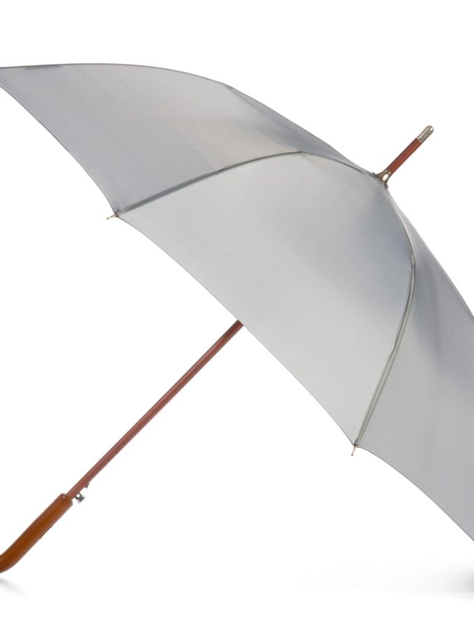 Grey windproof totes Eco umbrella with wooden J-handle and automatic open feature, stylish and rainproof 