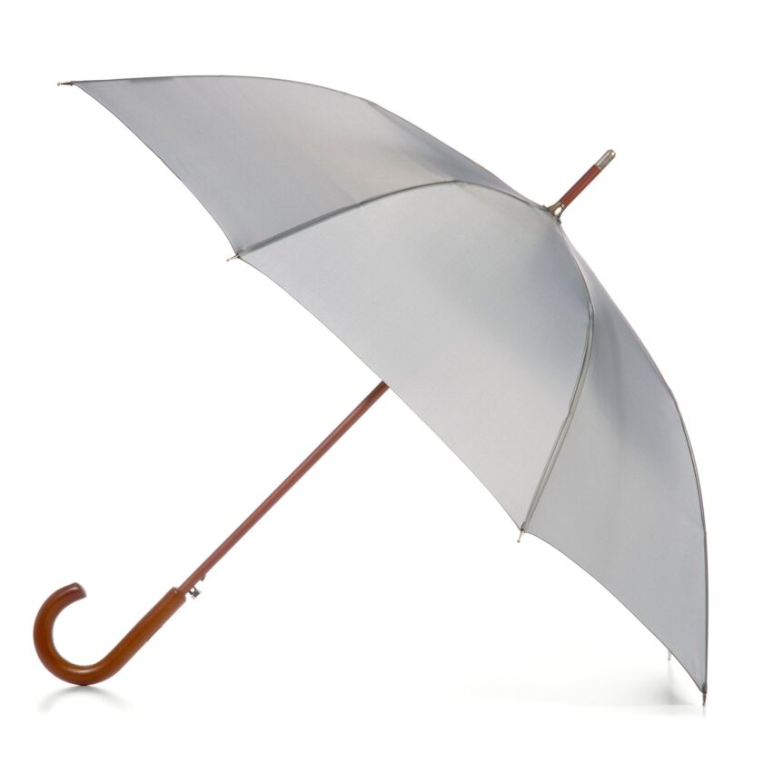 Grey windproof totes Eco umbrella with wooden J-handle and automatic open feature, stylish and rainproof 