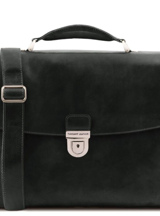 Tuscany Leather Alessandria Briefcase in black, showcasing its elegant design, full grain calfskin leather, and multiple compartments for organized storage.