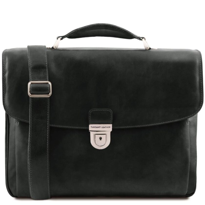 Tuscany Leather Alessandria Briefcase in black, showcasing its elegant design, full grain calfskin leather, and multiple compartments for organized storage.