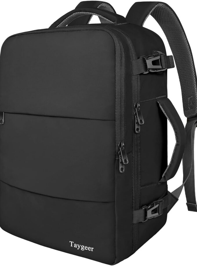 Black Taygeer Travel Backpack with USB charging port, shoe pouch, and multi-compartment design, ideal for men and women for travel and daily use