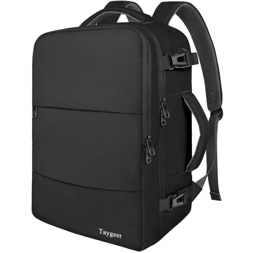 Black Taygeer Travel Backpack with USB charging port, shoe pouch, and multi-compartment design, ideal for men and women for travel and daily use