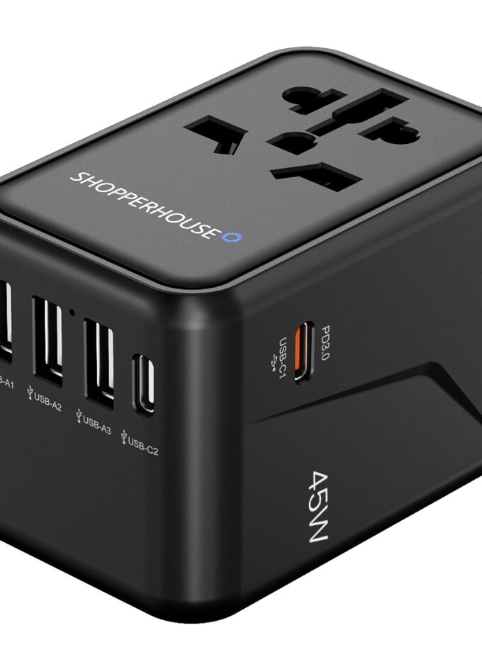 45W universal travel adapter with 6-in-1 multi-plug design, featuring 3 USB-A and 2 USB-C ports, ideal for international travel and fast charging, compatible with plug types for over 200 countries. 