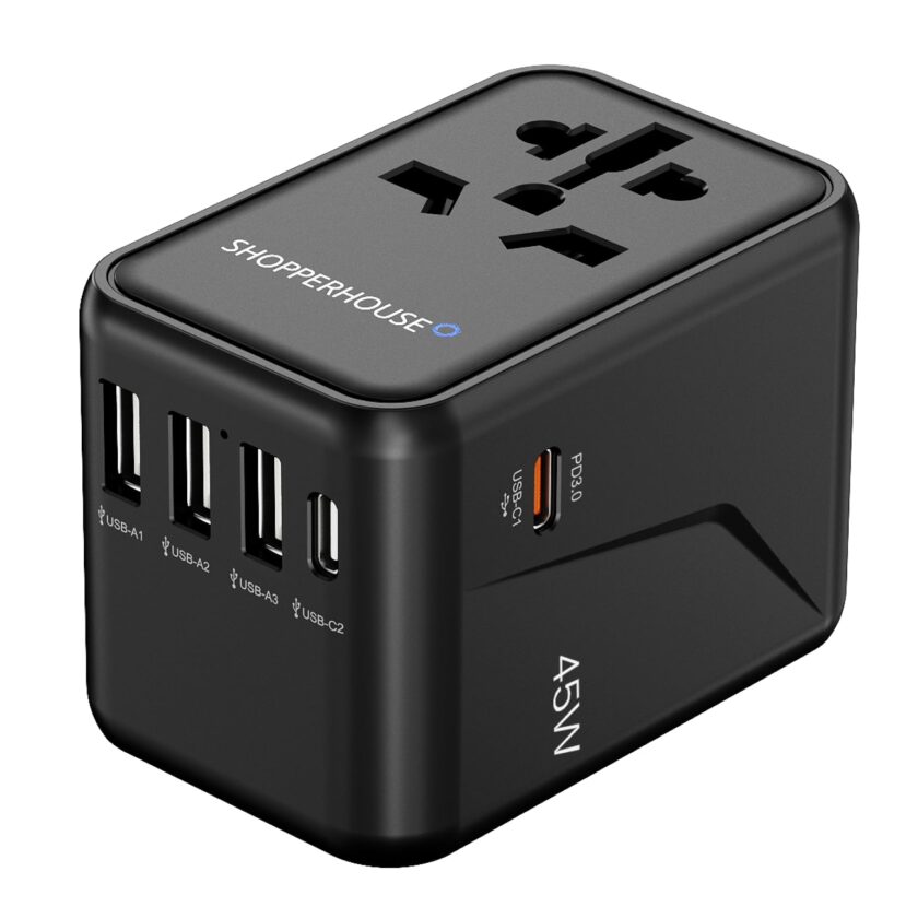 45W universal travel adapter with 6-in-1 multi-plug design, featuring 3 USB-A and 2 USB-C ports, ideal for international travel and fast charging, compatible with plug types for over 200 countries. 