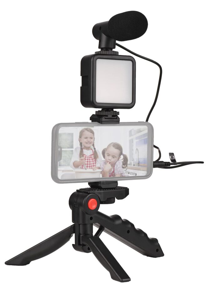 Sunydog Mini Smartphone Vlog Kit featuring a 10cm mini tripod, adjustable LED video light with 36 lamp beads, cardioid condenser microphone with foam muff