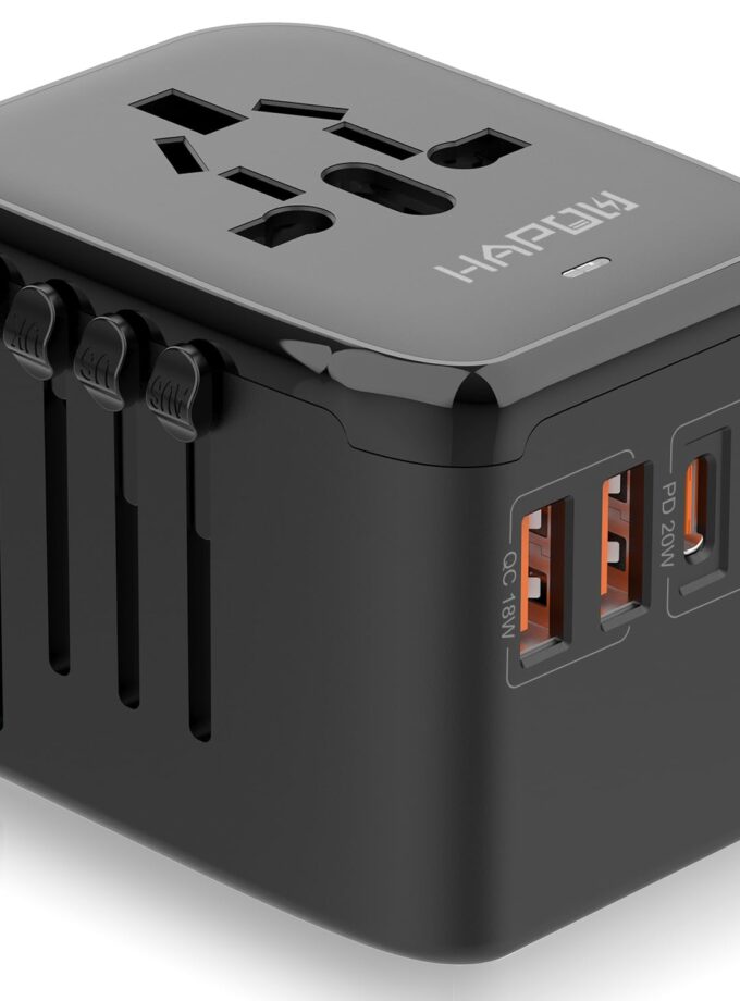 HAPOW Universal Travel Adapter with PD20W Fast Charging and 4 USB Ports, suitable for global travel. Compact design with safety features for Europe, UK, USA, and Australia