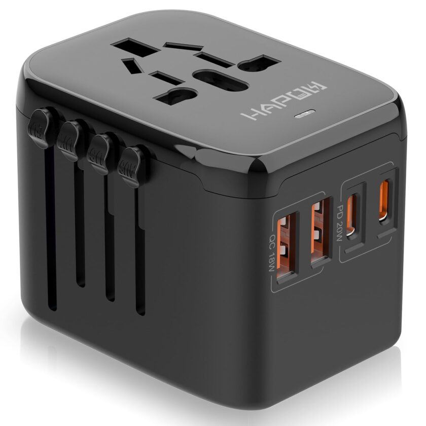 HAPOW Universal Travel Adapter with PD20W Fast Charging and 4 USB Ports, suitable for global travel. Compact design with safety features for Europe, UK, USA, and Australia