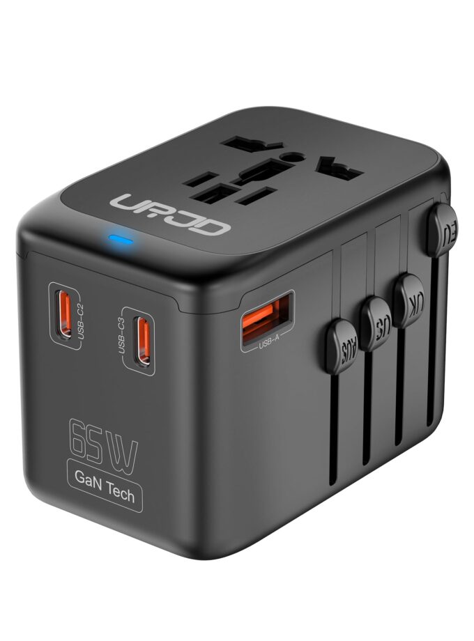 Universal Travel Adapter with 65W GaN fast charging, 3 USB-C ports, and global plug compatibility for over 200 countries 