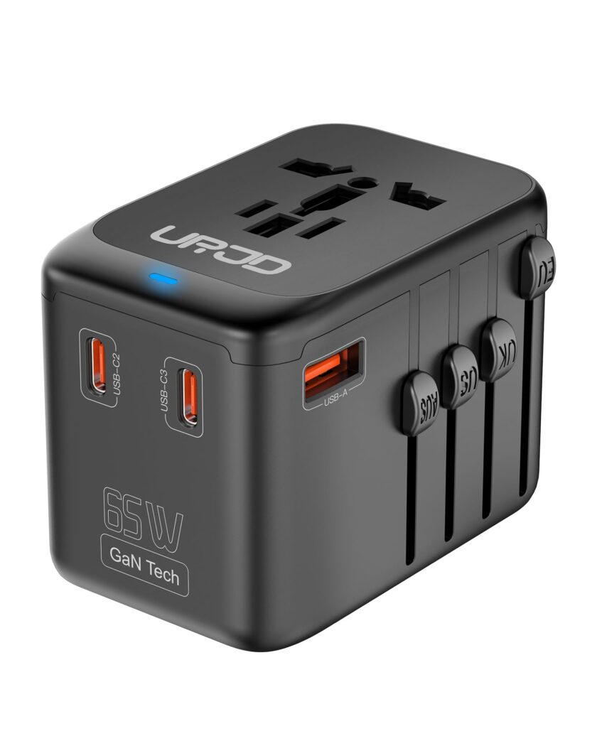 Universal Travel Adapter with 65W GaN fast charging, 3 USB-C ports, and global plug compatibility for over 200 countries 