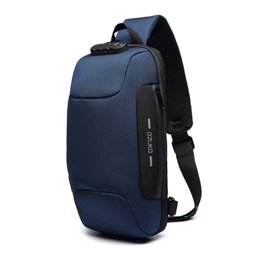 ZUK Anti-Theft Crossbody Sling Bag in Blue with USB Charging Port, featuring secure combination lock, adjustable straps, and breathable back mesh – ideal for travel and outdoor activities