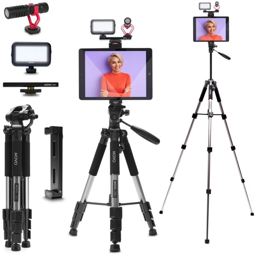 Movo iPad Vlogging Kit – Complete Video Setup with Full-Size Tripod, LED Light, Microphone, and Tablet Mount for Professional Content Creation