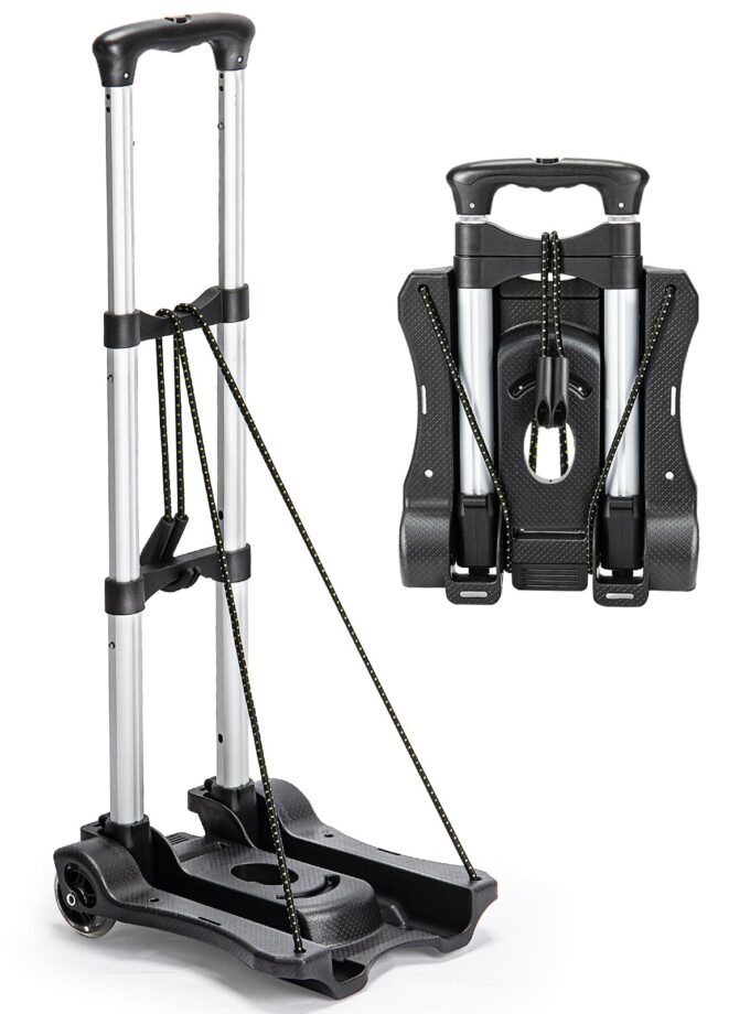 Compact Gorpuire Folding Hand Truck Dolly with adjustable bungee cord and durable aluminum frame, ideal for travel and moving. Features foldable design for easy storage