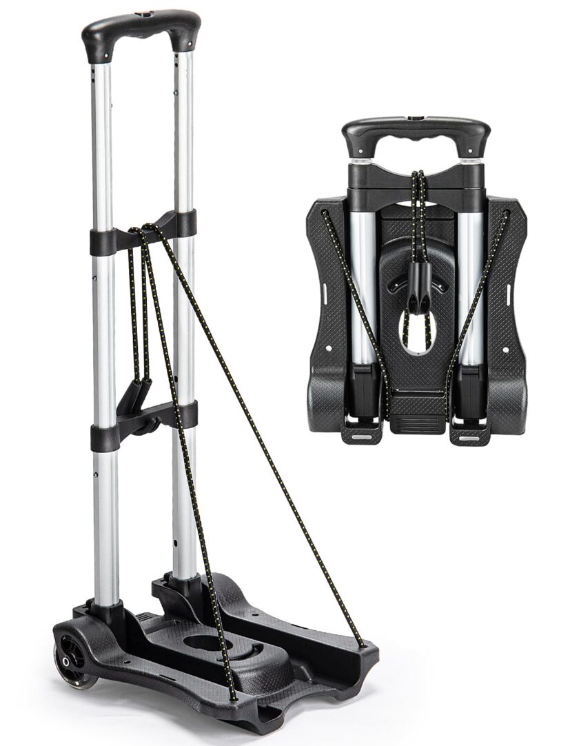 Compact Gorpuire Folding Hand Truck Dolly with adjustable bungee cord and durable aluminum frame, ideal for travel and moving. Features foldable design for easy storage