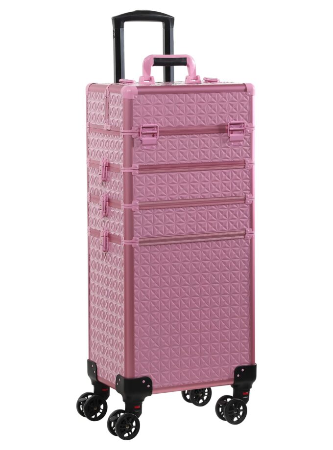 Channcase Rolling Makeup Train Case in pink, featuring a stylish design with organized storage compartments and smooth-rolling wheels for easy transport