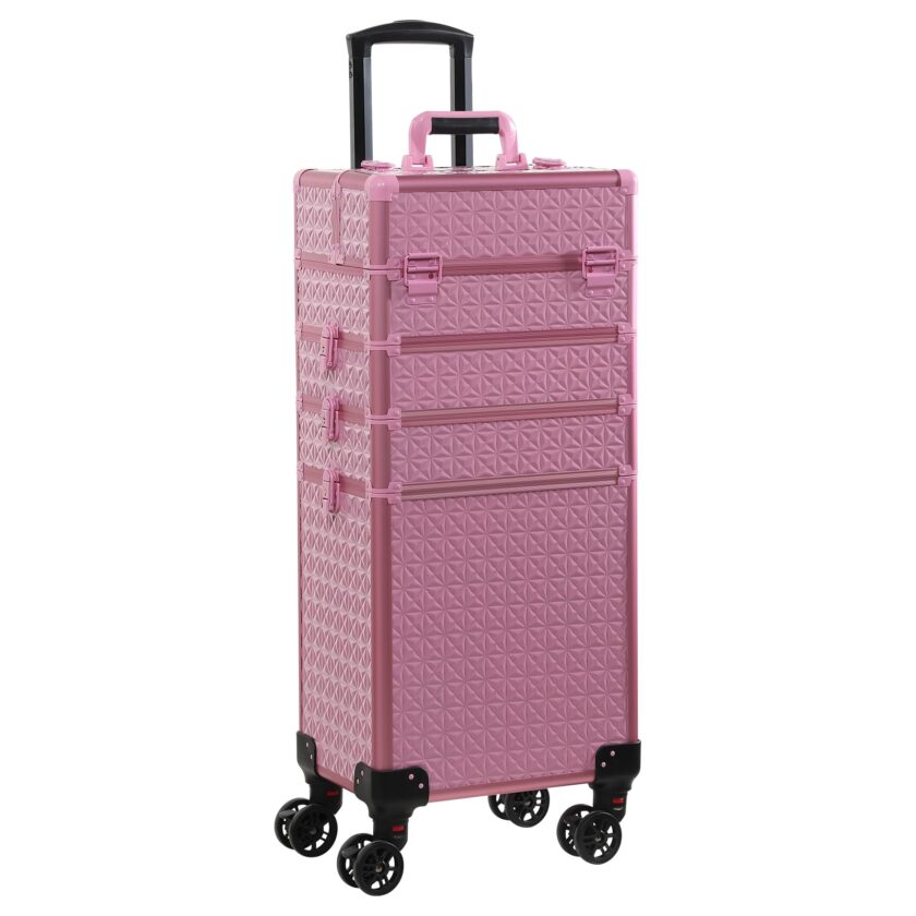 Channcase Rolling Makeup Train Case in pink, featuring a stylish design with organized storage compartments and smooth-rolling wheels for easy transport