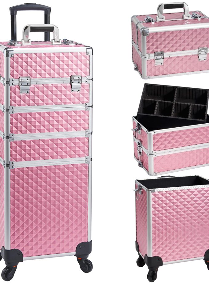 Faquenc Professional 4-in-1 Rolling Makeup Case in pink, featuring customizable compartments, 360-degree wheels, and durable construction.