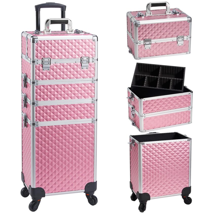 Faquenc Professional 4-in-1 Rolling Makeup Case in pink, featuring customizable compartments, 360-degree wheels, and durable construction.