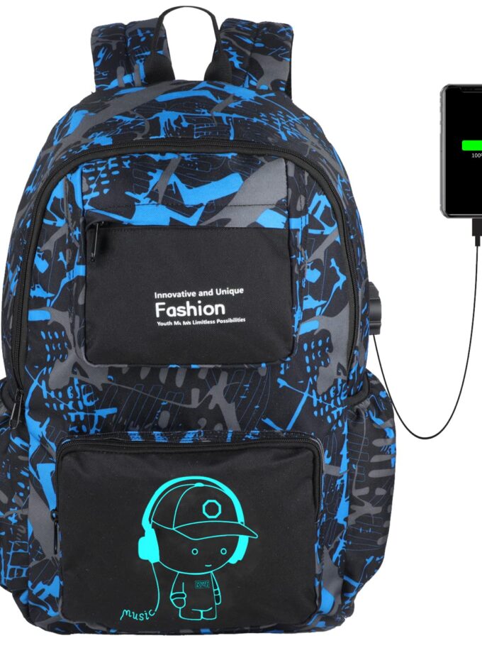 FLYMEI luminous backpack for boys with blue graffiti design, waterproof, large capacity, USB charging port, glowing in the dark
