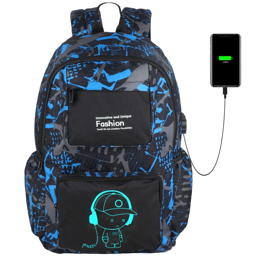 FLYMEI luminous backpack for boys with blue graffiti design, waterproof, large capacity, USB charging port, glowing in the dark