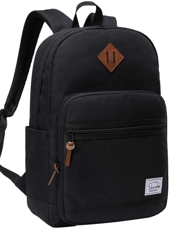 VASCHY Water-Resistant School Backpack in black with a padded laptop sleeve, front mesh decoration, and multiple compartments, designed for men and women.