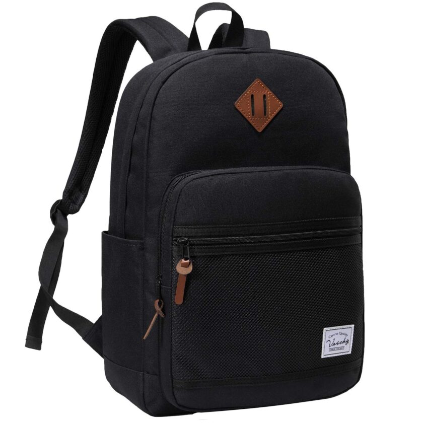 VASCHY Water-Resistant School Backpack in black with a padded laptop sleeve, front mesh decoration, and multiple compartments, designed for men and women.