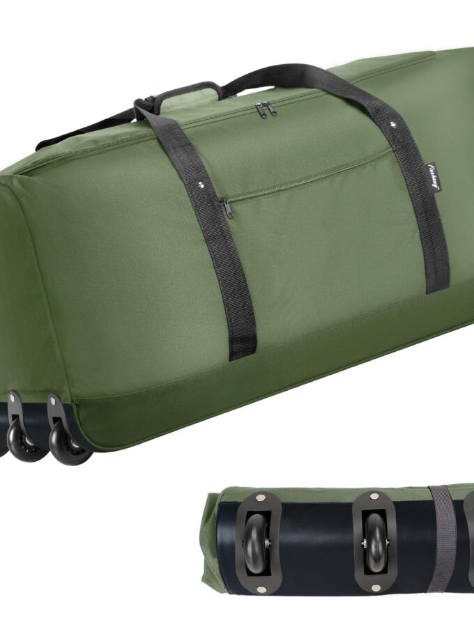 Spacious 120L foldable rolling duffel bag in green, featuring three wheels for easy mobility, designed for travel, camping, and sports.