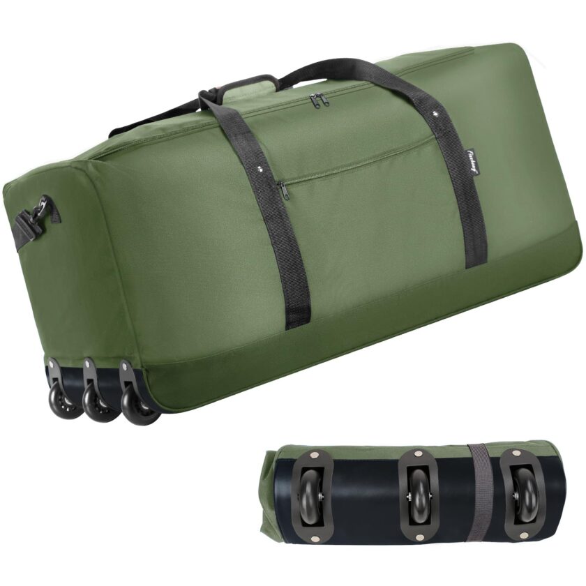 Spacious 120L foldable rolling duffel bag in green, featuring three wheels for easy mobility, designed for travel, camping, and sports.