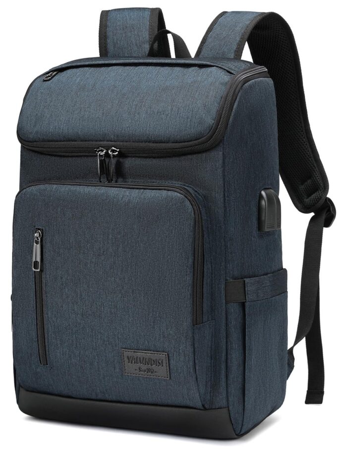 YALUNDISI blue travel backpack with USB charging port, featuring multiple compartments and a sleek, modern design. Perfect for men and women on the go