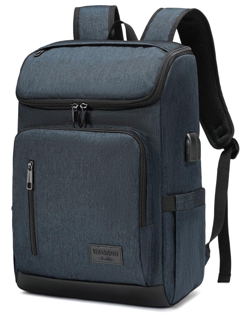 YALUNDISI blue travel backpack with USB charging port, featuring multiple compartments and a sleek, modern design. Perfect for men and women on the go