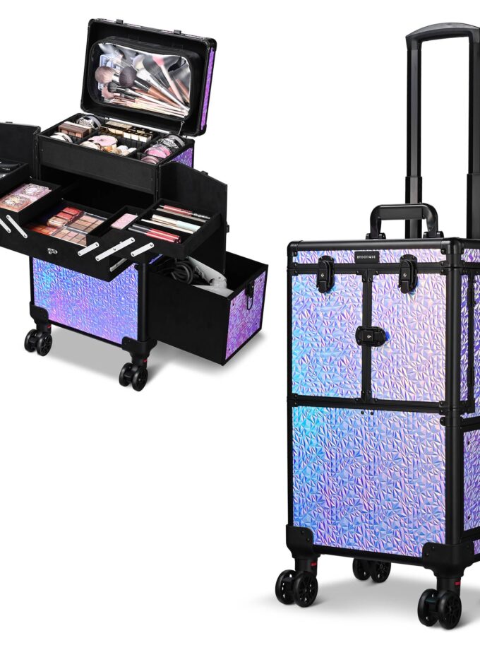 BYOOTIQUE Rolling Makeup Train Case in Iridescent Mermaid Purple, featuring spacious multi-layer storage, sturdy aluminum construction, and 360-degree swivel wheels for easy transport