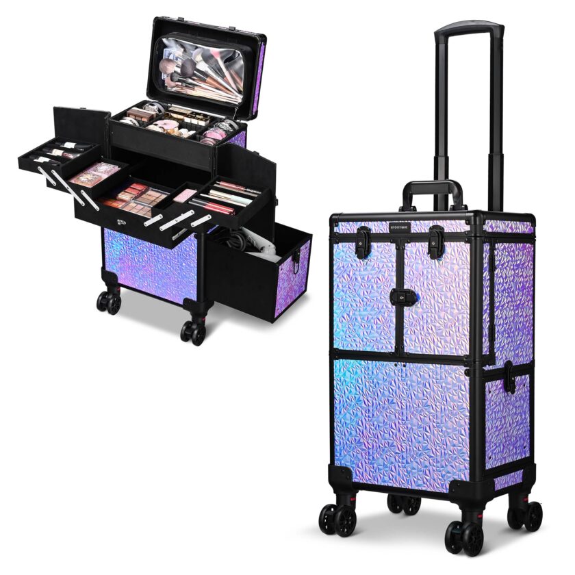 BYOOTIQUE Rolling Makeup Train Case in Iridescent Mermaid Purple, featuring spacious multi-layer storage, sturdy aluminum construction, and 360-degree swivel wheels for easy transport