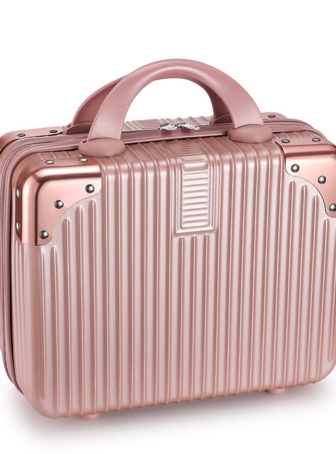 Elegant 12-inch portable makeup travel case in rose gold, showcasing durable hard shell design and elastic band for easy attachment to luggage.