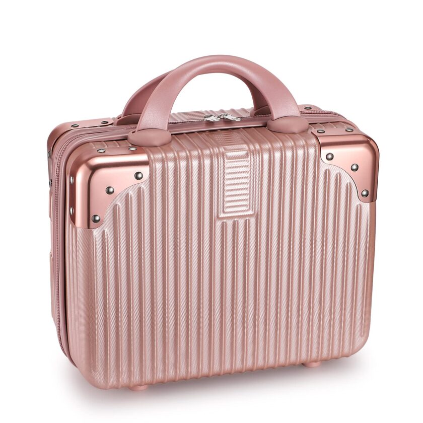 Elegant 12-inch portable makeup travel case in rose gold, showcasing durable hard shell design and elastic band for easy attachment to luggage.