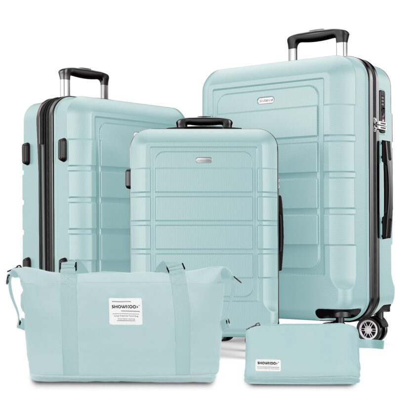 5-piece mint green luggage set featuring expandable hard shell suitcases with double spinner wheels and TSA lock, perfect for stylish and organized travel.