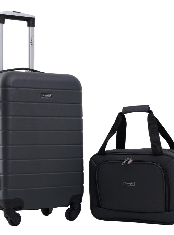 Wrangler Smart Luggage Set in Dark Shadow, featuring a cup holder, USB port, phone holder, and 360° spinner wheels for smooth travel