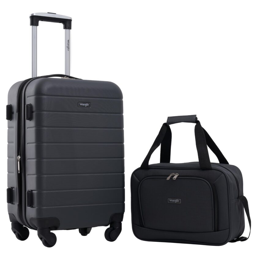 Wrangler Smart Luggage Set in Dark Shadow, featuring a cup holder, USB port, phone holder, and 360° spinner wheels for smooth travel