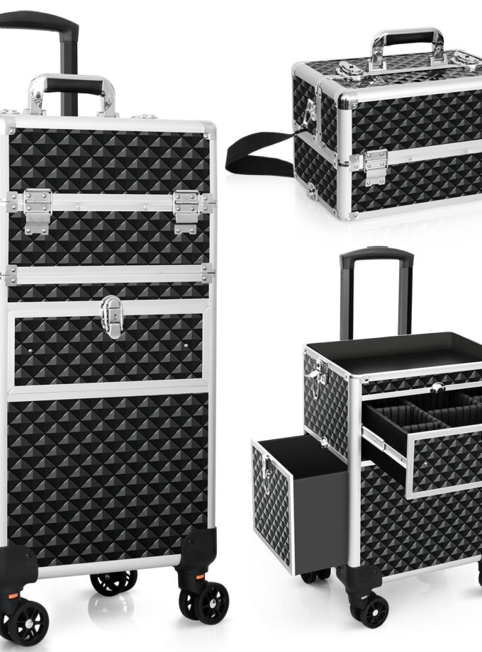 Professional Rolling Makeup Train Case in black with 360° swivel wheels, detachable top compartment, multiple drawers, and secure lockable clamps