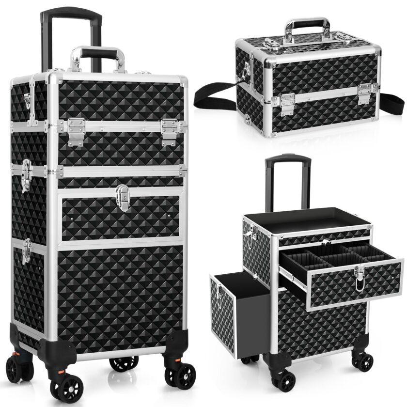 Professional Rolling Makeup Train Case in black with 360° swivel wheels, detachable top compartment, multiple drawers, and secure lockable clamps